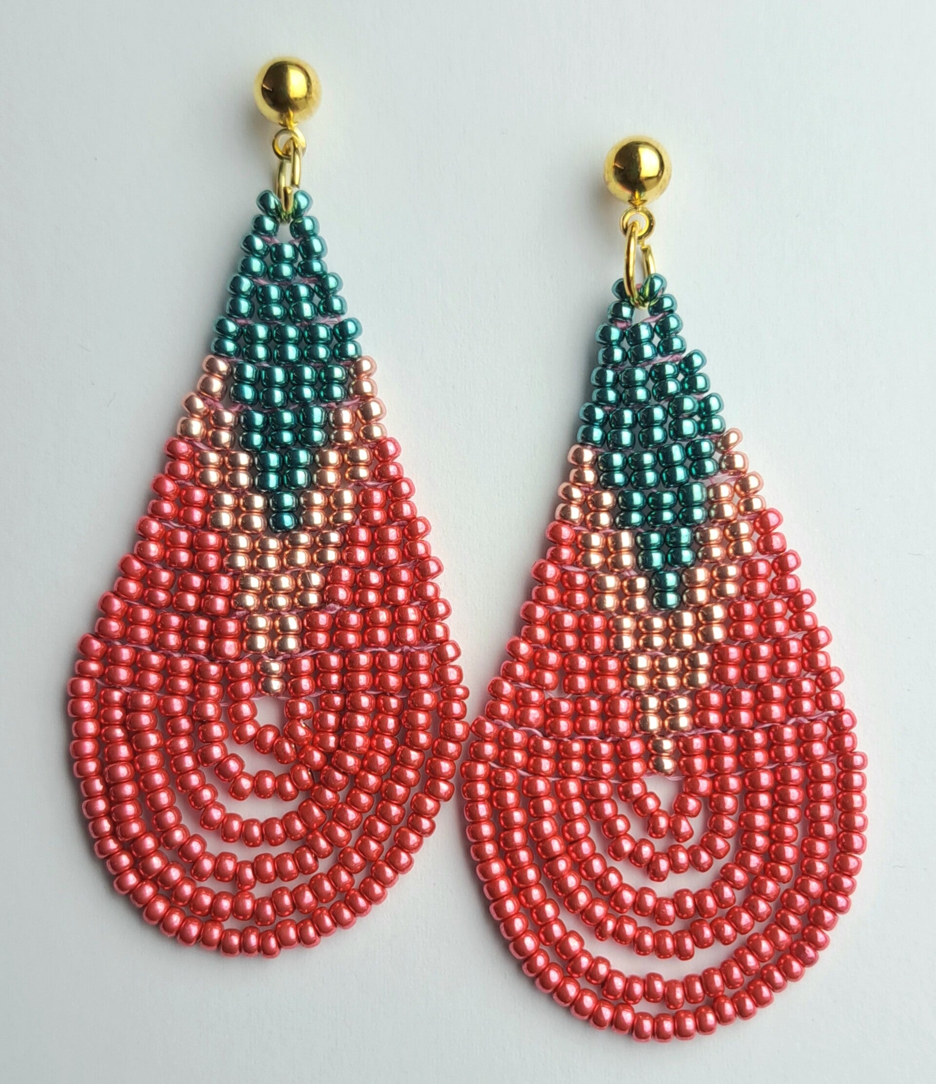 Drop beads oorbellen roze/turquoise/rose goud