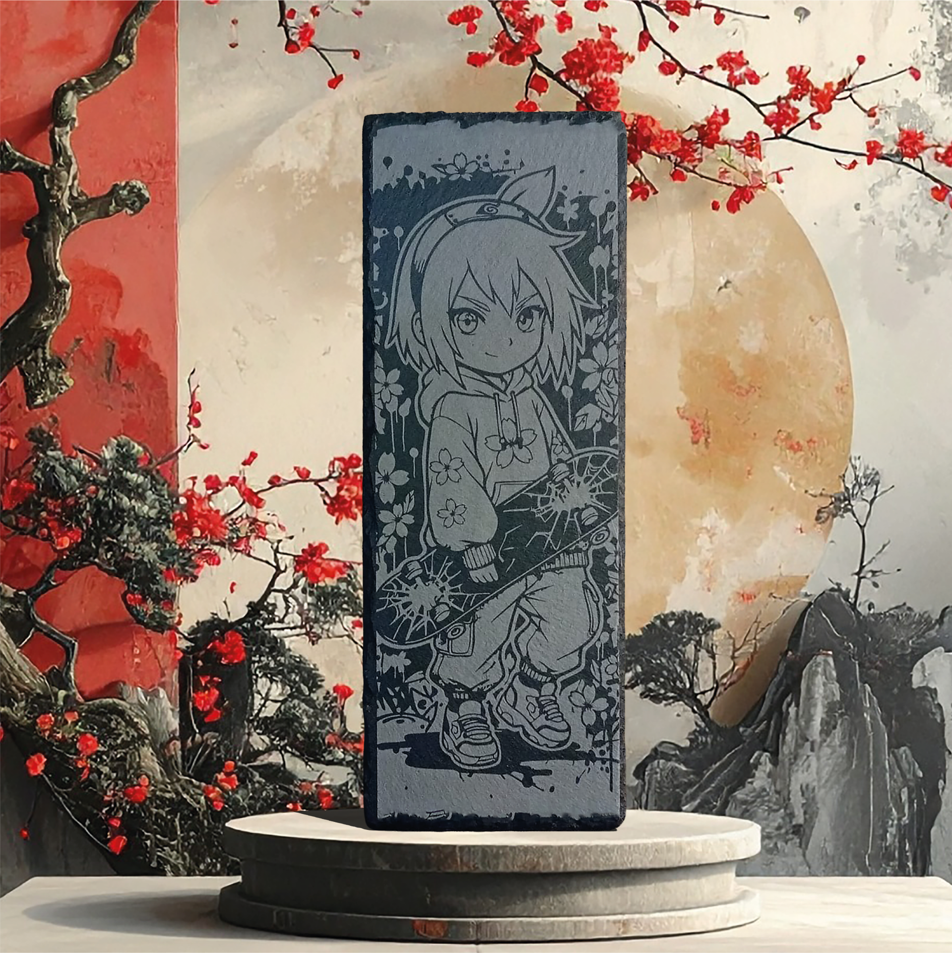 Ardoise gravée Sakura skateuse