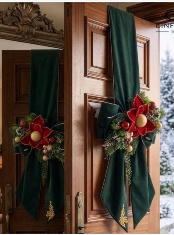 FIOCCO FUORI PORTA FRONTE-RETRO IN VELLUTO VERDE CON STELLA DI NATALE – 35X200 CM