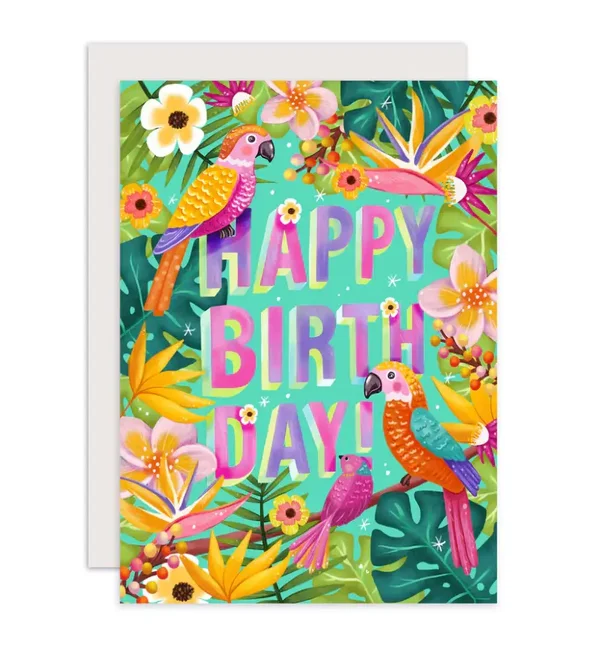 Aniet Illustration Kaart verjaardag tropische vogels en bloemen