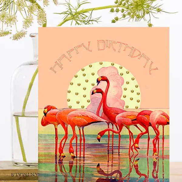 Madame Treacle Kaart Verjaardag "Flamingo Sunset" met glitter