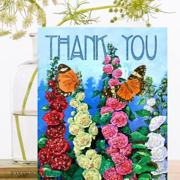 Madame Treacle Kaart "Hollyhocks" Thank You met glitter