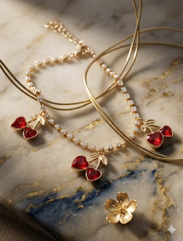 🍒 Verspielte Fußkette „Sweet Cherry“ mit Strass & roten Herz-Kirschen  (Für Frauen)