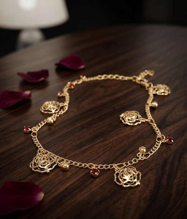 🌹 Elegante Fußkette „Golden Rose“ mit roten Kristall-Akzenten  (Für Frauen)