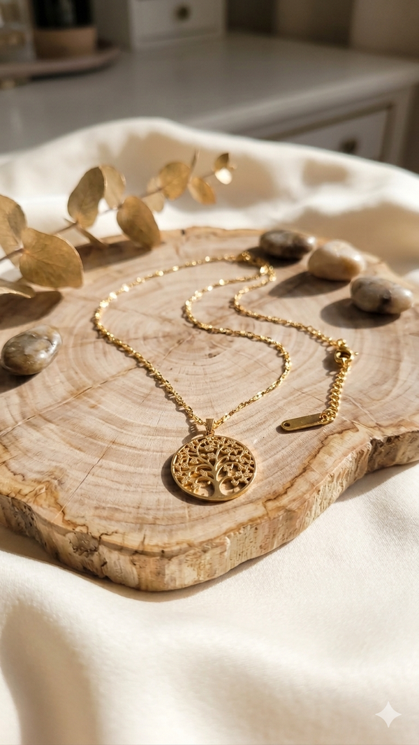 🌳 Elegante Lebensbaum-Halskette „Golden Roots“ – Glänzende Gliederkette mit Strass-Details  (Für Frauen)