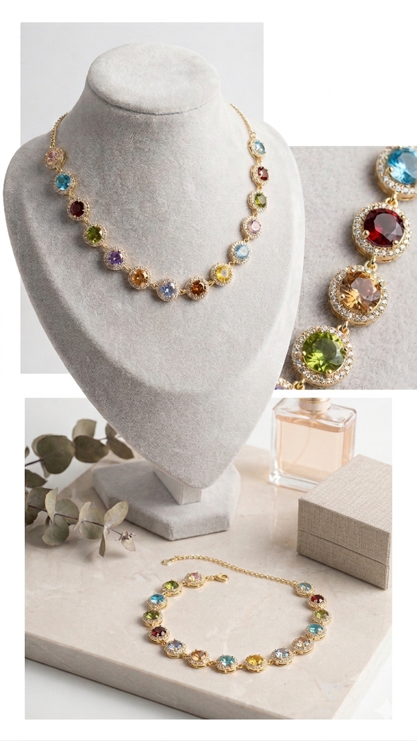 Farbenfrohe Statement-Halskette mit Kristallen in Gold-Optik – Stylischer Modeschmuck  (Für Frauen)
