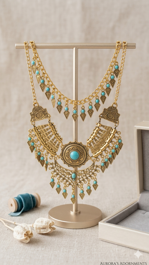 🔱 Prachtvolles Boho-Statement-Set „Aurora's Adornments“ – Halskette, Armband & Ohrringe mit Türkis-Inlays (Für Frauen)