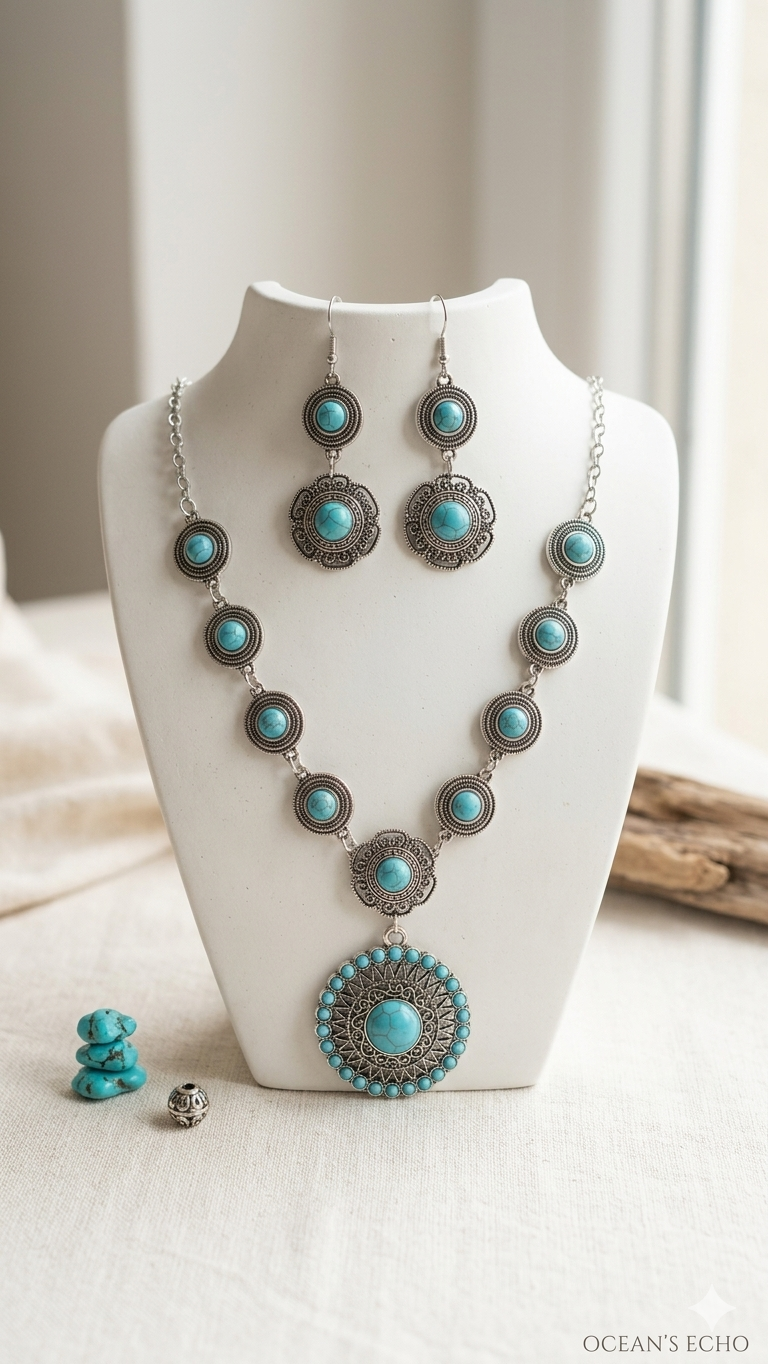 Marokkanisches Boho-Schmuckset „Ocean's Echo“ – Halskette & Ohrringe mit Türkis-Inlays (Für Frauen)