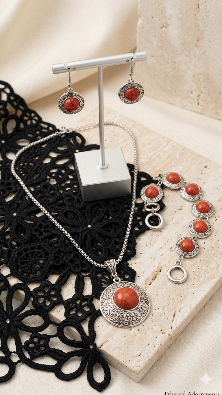 🍁 3-teiliges Boho-Schmuckset „Crimson Stone“ – Halskette, Armband & Ohrringe  (Für Frauen)
