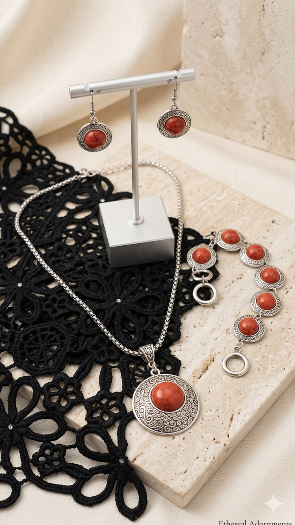 🍁 3-teiliges Boho-Schmuckset „Crimson Stone“ – Halskette, Armband & Ohrringe  (Für Frauen)