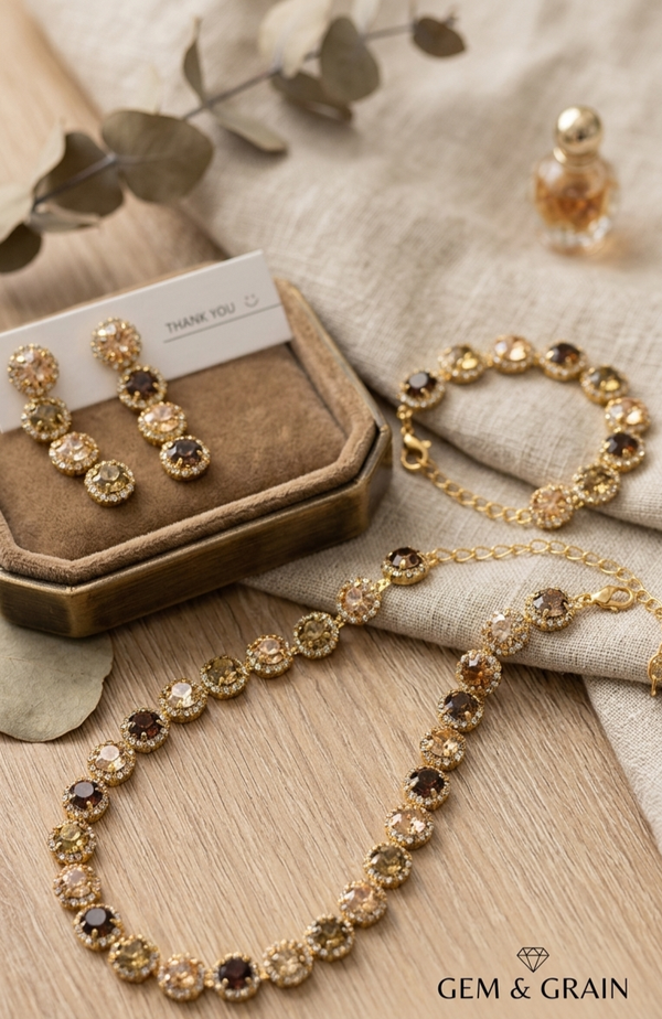 🤎 Luxuriöses Statement-Schmuckset „Golden Glamour“ – Halskette, Armband & Ohrringe  (Für Frauen)