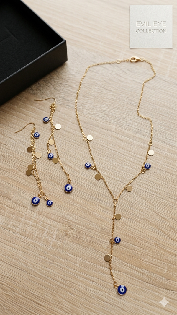 🧿 Filigranes Schmuckset „Mystic Nazar“ – Y-Halskette & Lange Ohrringe  (Für Frauen)