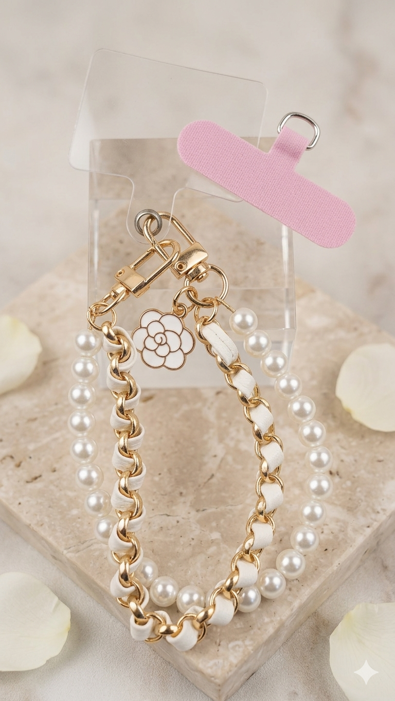 Luxuriöser Handy-Anhänger „Camellia & Pearls“ in Gold-Optik – Stylischer Handyschmuck fürs Handgelenk (Weiß)  (Für Frauen)