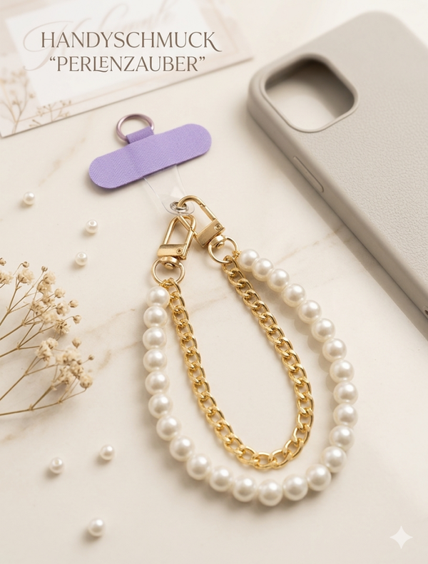 Luxuriöser Handy-Anhänger „Perlenzauber“ in Gold-Optik – Stylischer Handyschmuck   (Für Frauen)