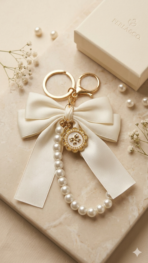 Romantischer Schleifen-Anhänger mit Perlenkette in Gold-Optik – Stylischer Taschen- & Schlüsselanhänger  (Für Frauen)