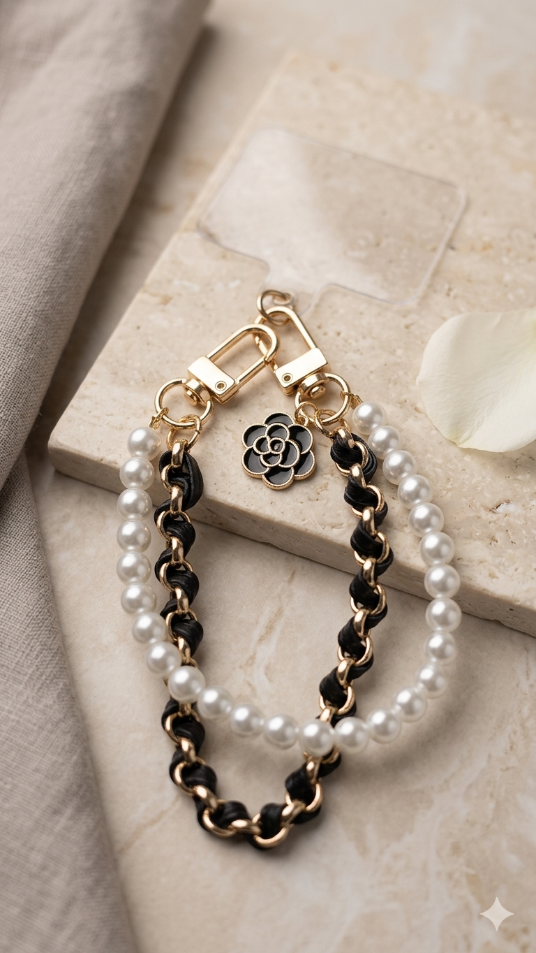 Luxuriöser Handy-Anhänger „Camellia & Pearls“ in Gold-Optik – Stylischer Handyschmuck fürs Handgelenk  (Für Frauen)