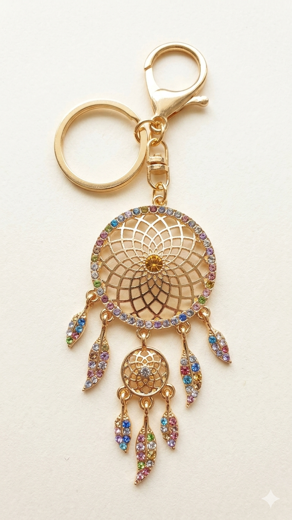 Farbenfroher Traumfänger-Anhänger mit Regenbogen-Kristallen in Gold-Optik – Stylischer Taschen- & Schlüsselanhänger  (Für Frauen)