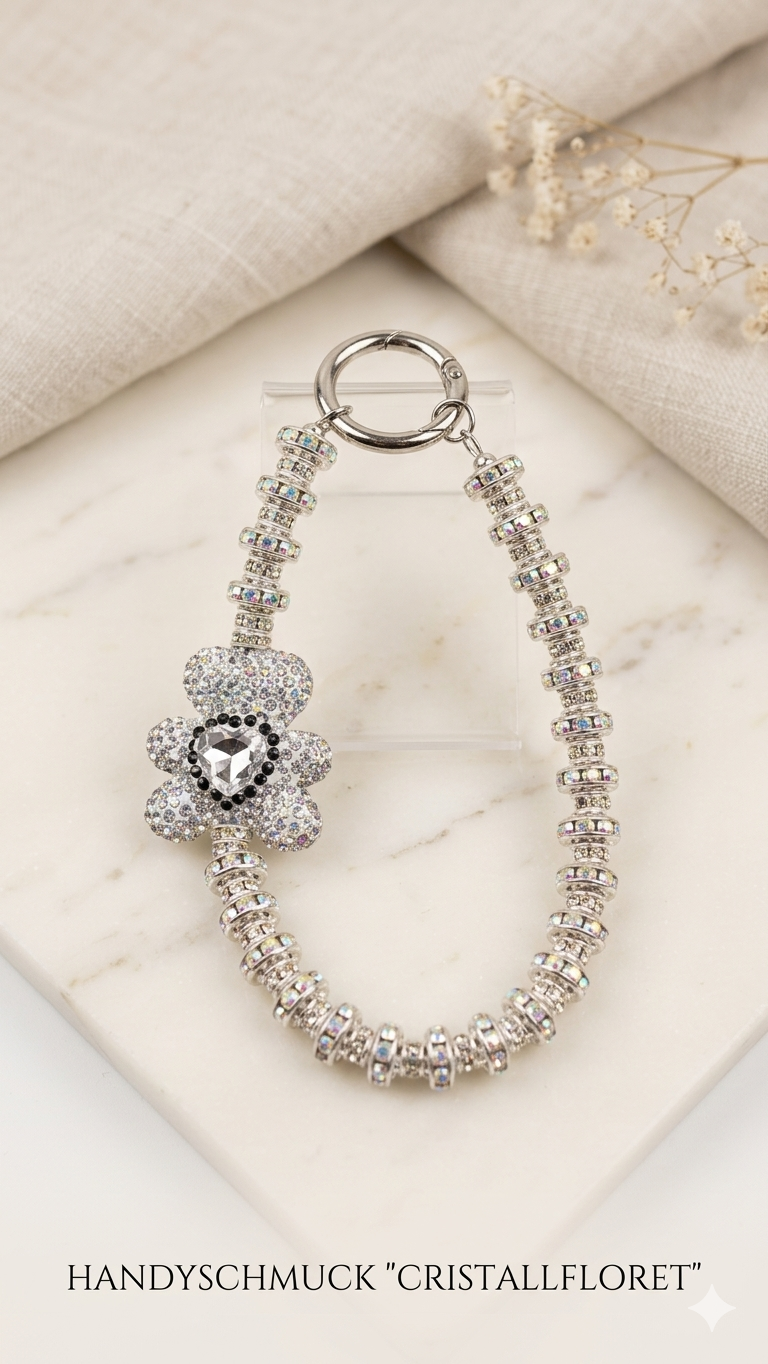 Luxuriöser Handy-Anhänger „Cristallfloret“ in Silber-Optik – Stylischer Handyschmuck fürs Handgelenk   (Für Frauen)