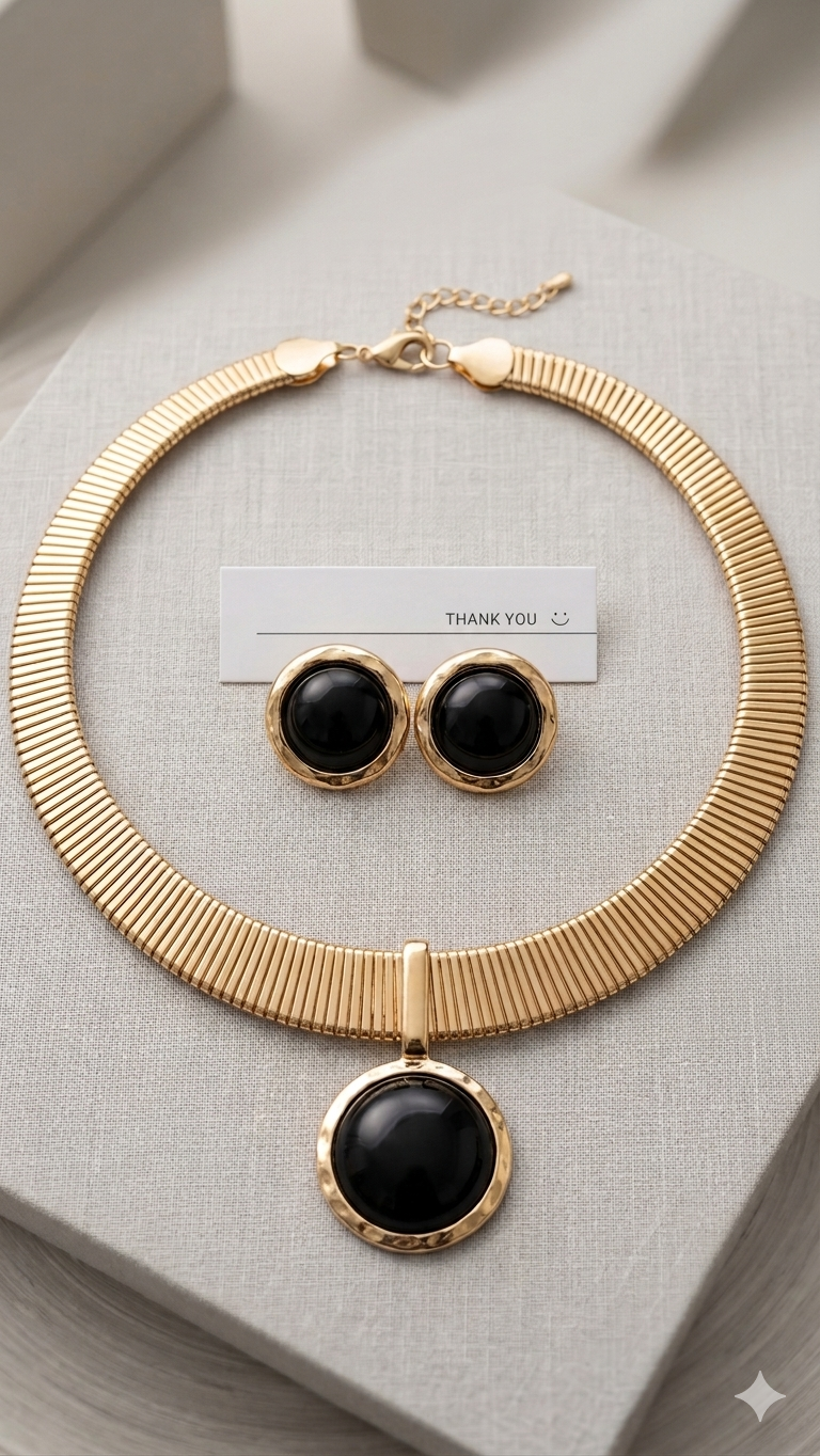 🖤 Elegantes Vintage-Schmuckset „Night & Gold“ – Halskette & Ohrringe   (Für Frauen)
