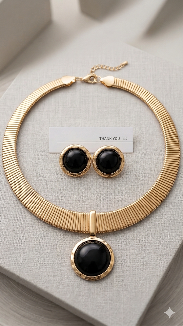 🖤 Elegantes Vintage-Schmuckset „Night & Gold“ – Halskette & Ohrringe   (Für Frauen)