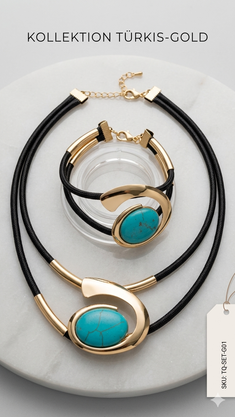 🌀 Modernes Statement-Schmuckset „Kollektion Türkis-Gold“ – Halskette & Armband  (Für Frauen)