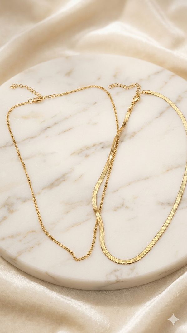 ✨ 2-teiliges Layering-Halsketten-Set „Golden Layer“ – Schlangenkette & feine Panzerkette  (Für Frauen)