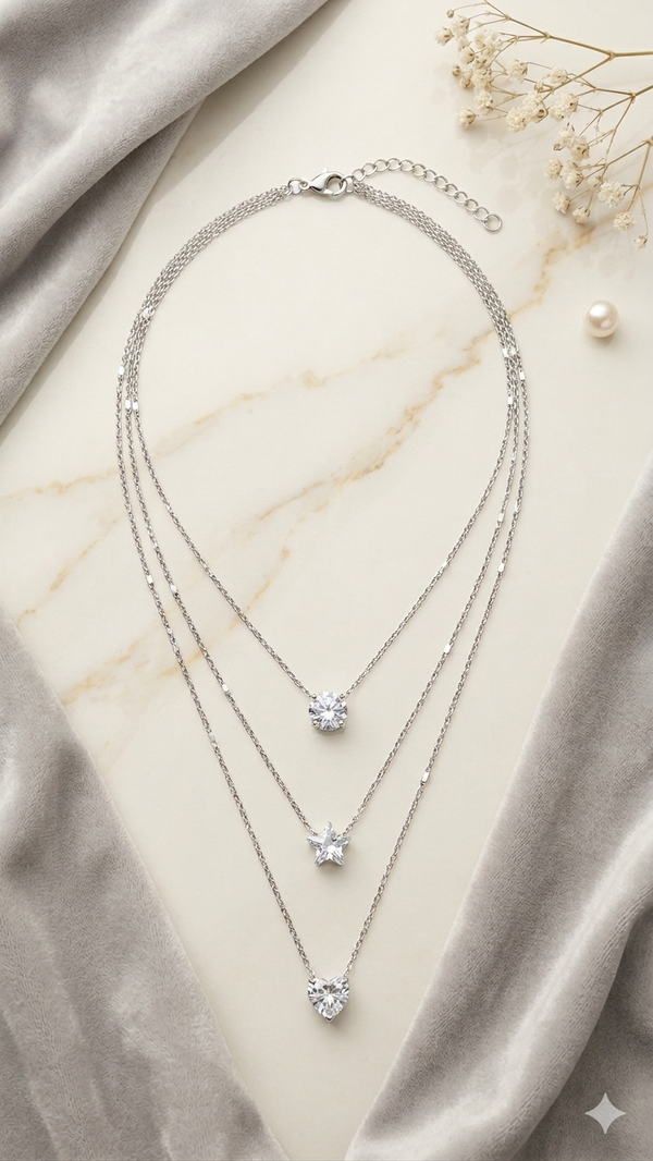 💎 Mehrreihige Layering-Halskette „Starlight Trio“ – Silber-Optik mit funkelnden Kristallen  (Für Frauen)