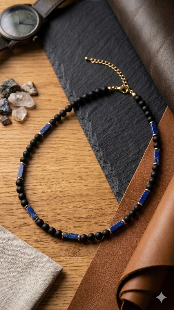 Maskuline Herren-Halskette im Onyx- & Lapis-Lazuli-Look – Eleganter Perlen-Schmuck mit Gold-Akzenten (51 cm)
