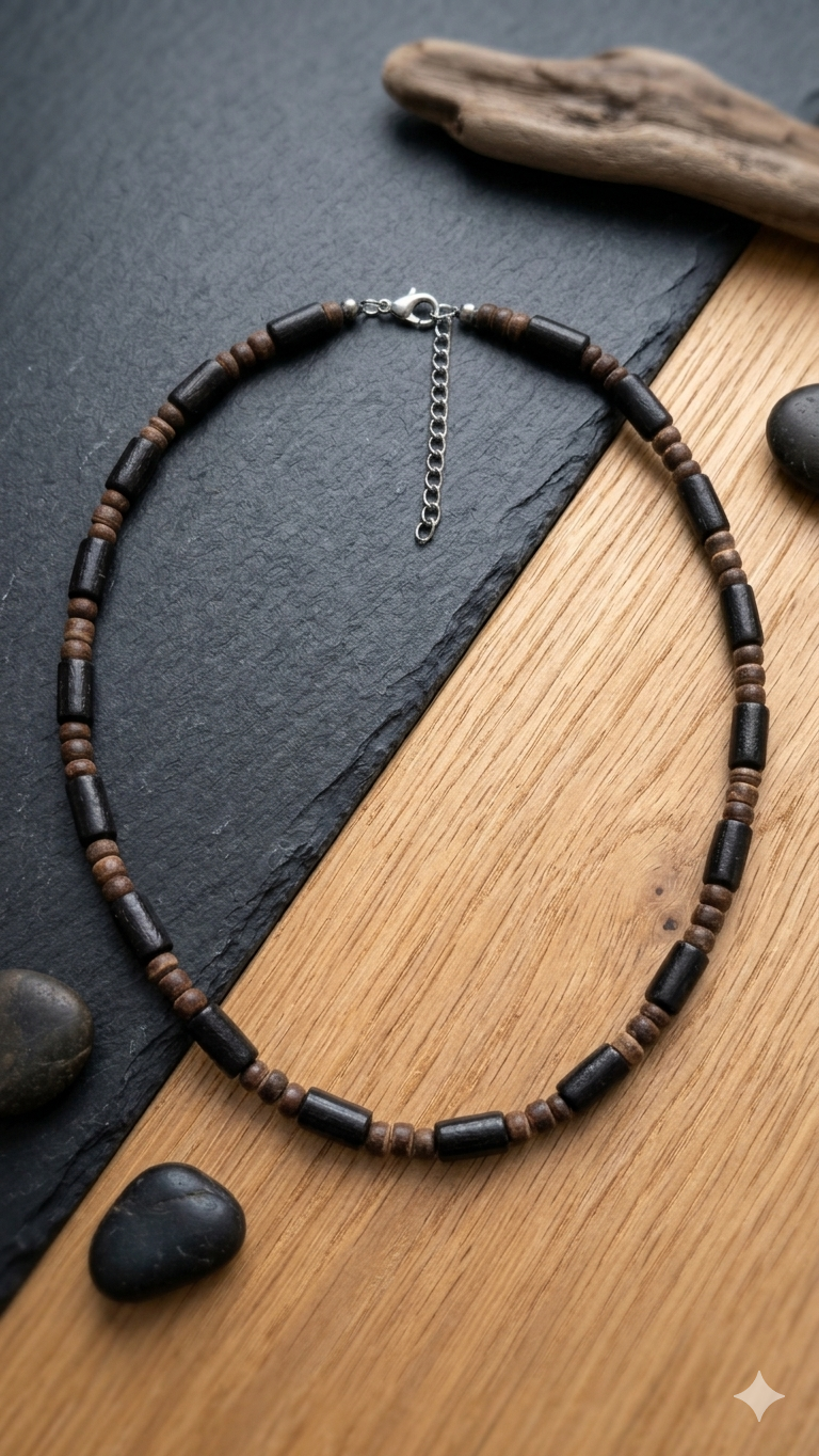 Maskuline Surfer-Halskette im Holz-Look – Lässiger Natur-Schmuck für Herren (50 cm)