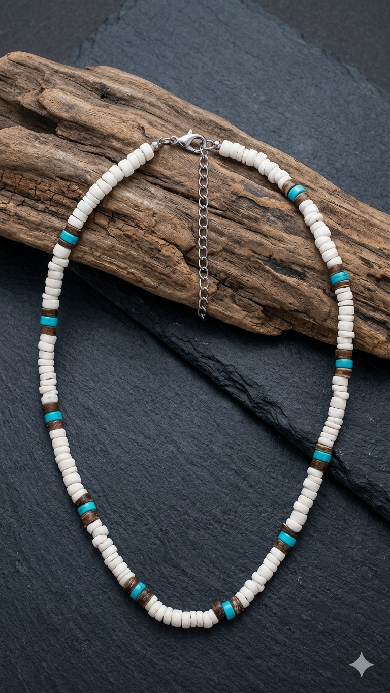 Maritime Surfer-Halskette im Muschel- & Holz-Look – Lässiger Sommer-Schmuck für Herren (50 cm)