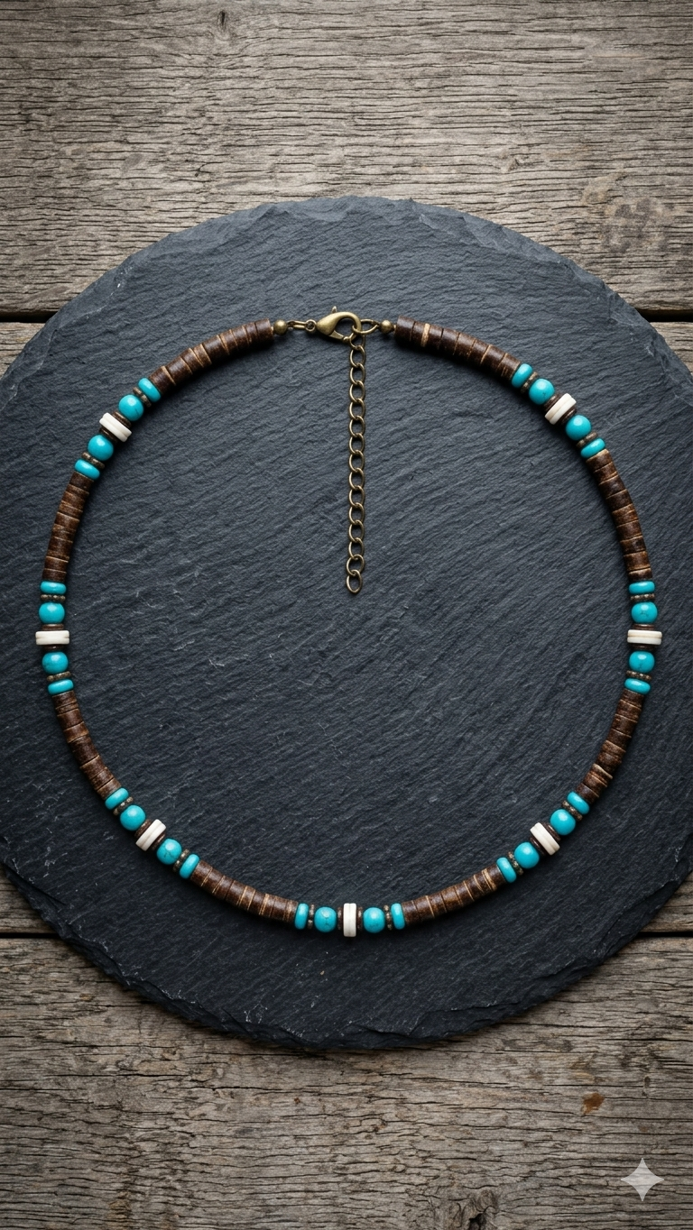 Maritime Surfer-Halskette im Holz- & Muschel-Look – Lässiger Sommer-Schmuck für Herren (50 cm)