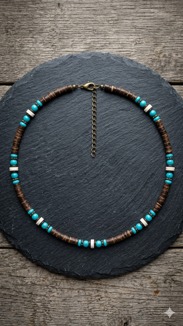 Maritime Surfer-Halskette im Holz- & Muschel-Look – Lässiger Sommer-Schmuck für Herren (50 cm)