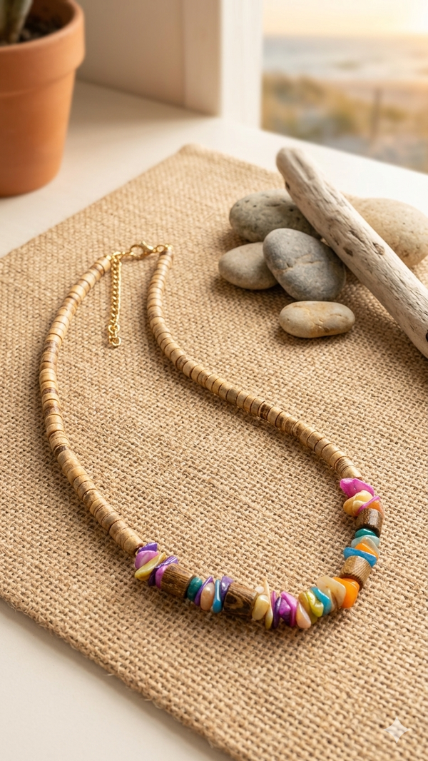 Maritime Surfer-Halskette im Holz- & Perlmutt-Look – Lässiger Sommer-Schmuck mit bunten Akzenten (50 cm)  (Für Männer)