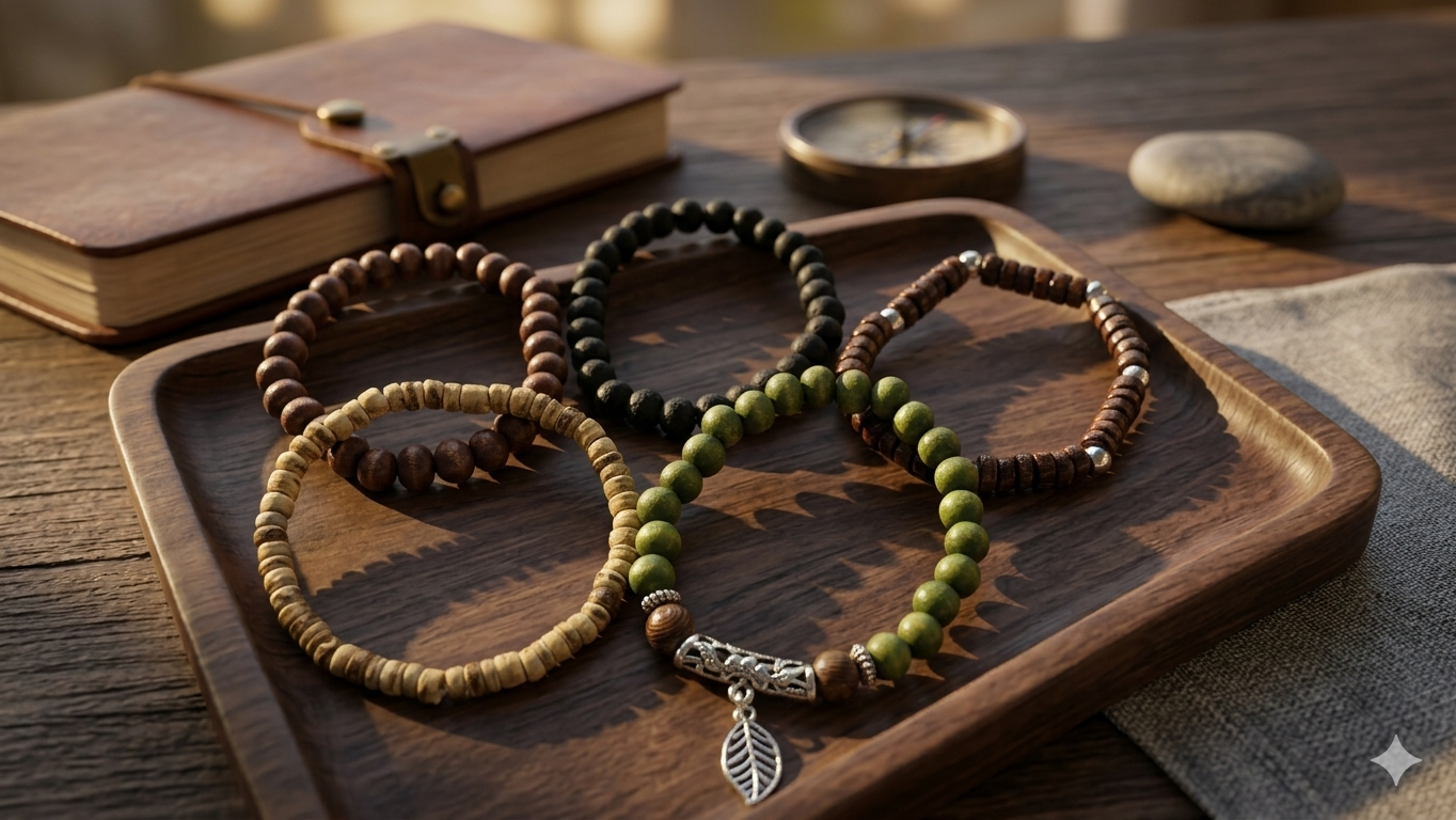 5er-Set Herren-Armbänder im Holz- & Naturstein-Look – Maskuliner Layering-Style mit Blatt-Anhänger