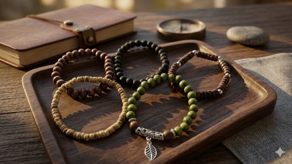 5er-Set Herren-Armbänder im Holz- & Naturstein-Look – Maskuliner Layering-Style mit Blatt-Anhänger