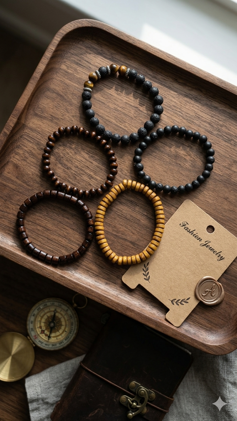 5er-Set Herren-Armbänder im Holz- & Vulkanstein-Look – Maskuliner Layering-Style für Männer