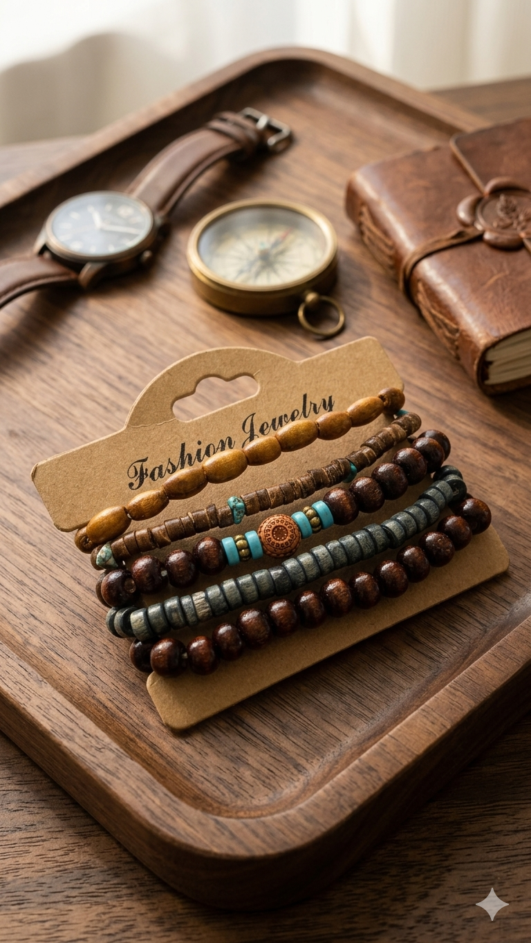 5er-Set Herren-Armbänder im Holz- & Ethno-Look – Maskuliner Surfer-Style für Männer