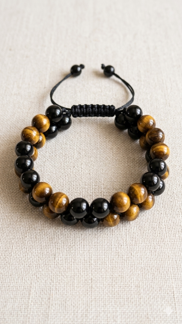 Maskulines Zweireihiges Makramee-Armband – Herren-Schmuck im Onyx- & Tigerauge-Look