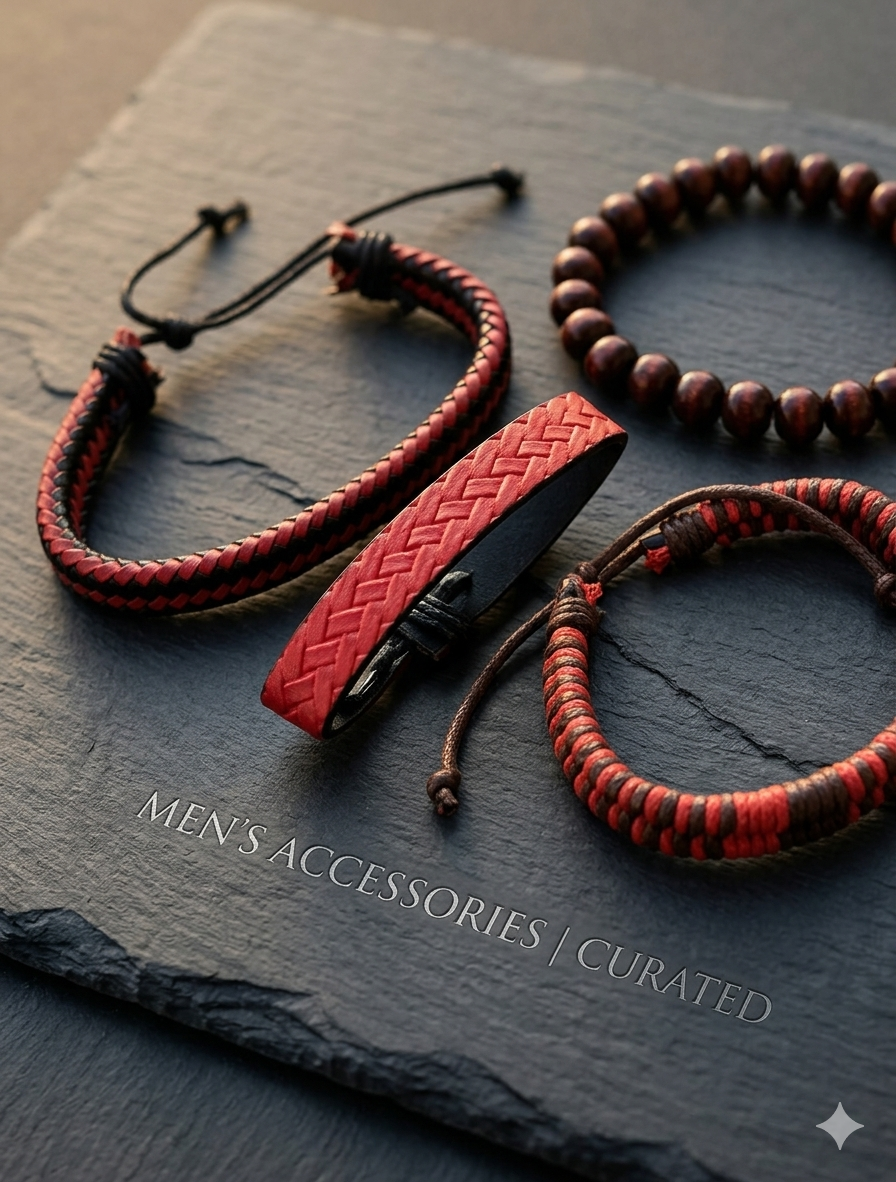 4er-Set Herren-Armbänder in Schwarz-Rot – Maskuliner Layering-Style im Surfer-Look
