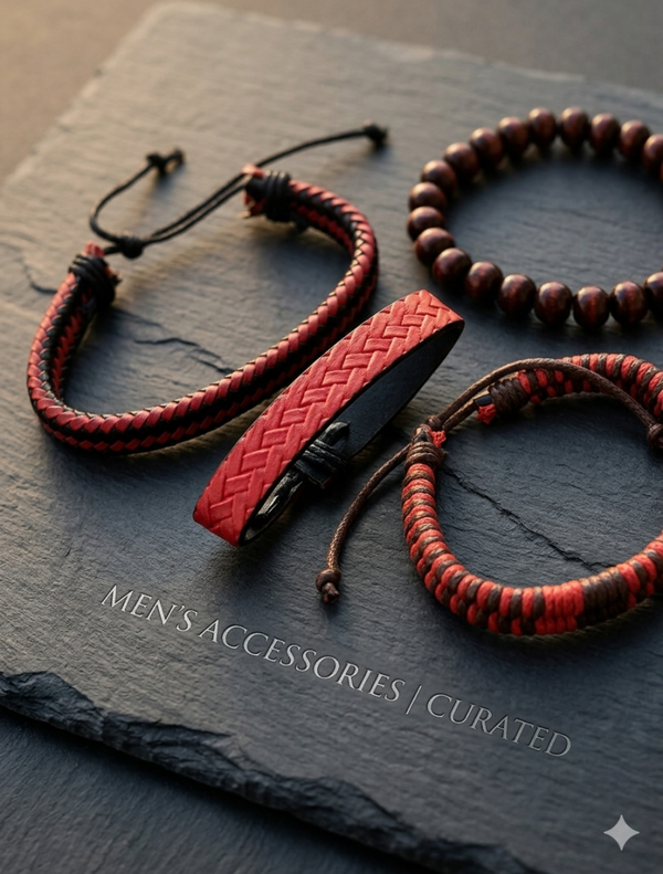 4er-Set Herren-Armbänder in Schwarz-Rot – Maskuliner Layering-Style im Surfer-Look