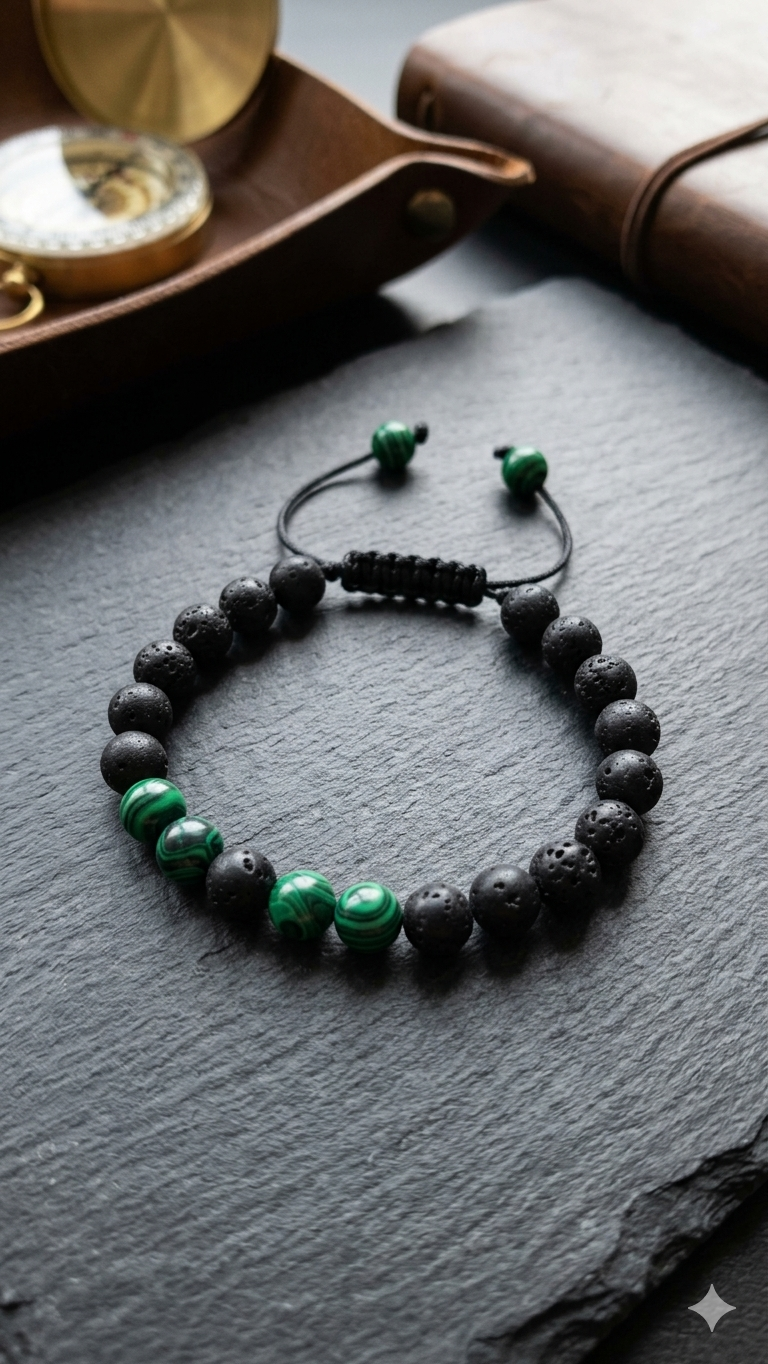 Maskulines Makramee-Perlenarmband im Lava- & Malachit-Look – Lässiger Herren-Schmuck