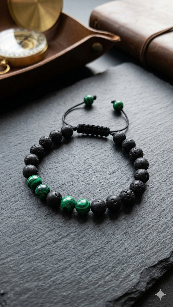 Maskulines Makramee-Perlenarmband im Lava- & Malachit-Look – Lässiger Herren-Schmuck