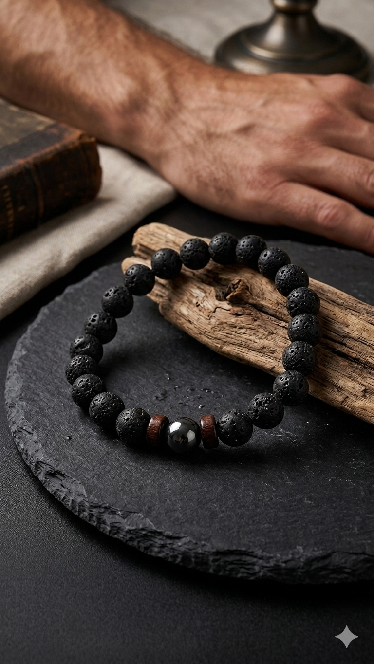 Maskulines Perlenarmband im Lava- & Hämatit-Look – Rustikaler Herren-Schmuck mit Holz-Akzenten