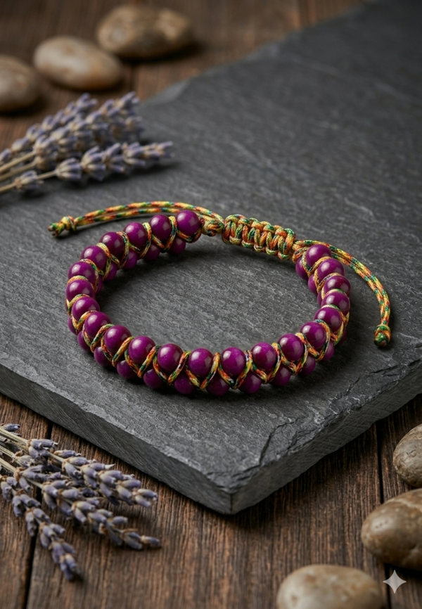 Maskulines Makramee-Perlenarmband in Amethyst-Optik – Lässiger Herren-Schmuck im Ethno-Style