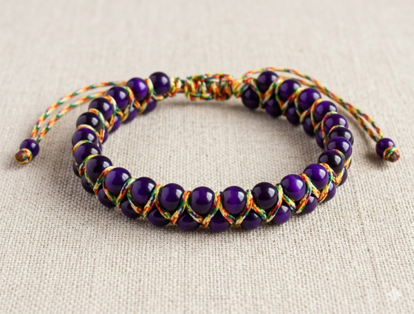 Maskulines Makramee-Perlenarmband in Obsidian-Lila-Optik – Lässiger Herren-Schmuck im Ethno-Style