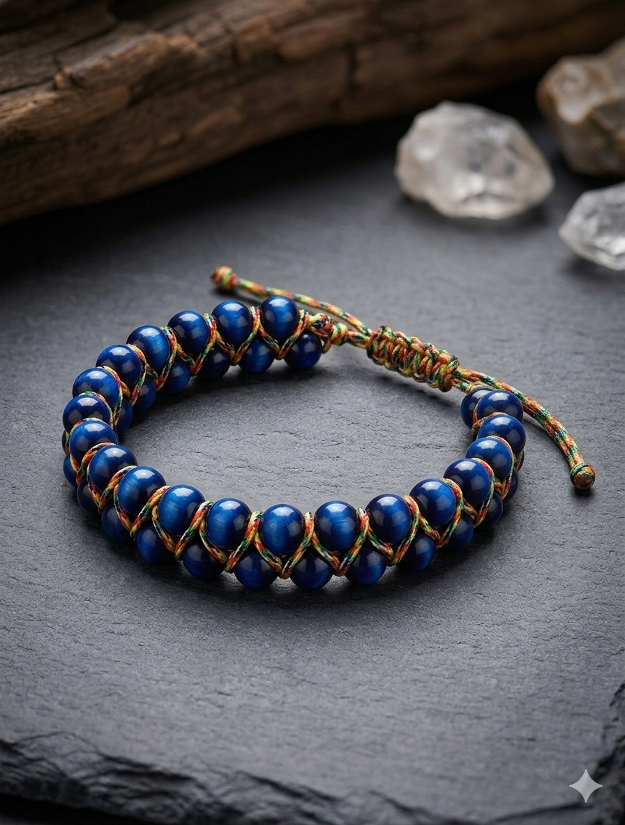 Maskulines Makramee-Perlenarmband in Blauem Tigerauge-Look – Lässiger Herren-Schmuck im Ethno-Style