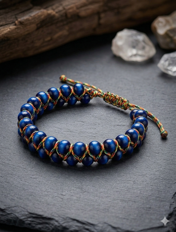 Maskulines Makramee-Perlenarmband in Blauem Tigerauge-Look – Lässiger Herren-Schmuck im Ethno-Style