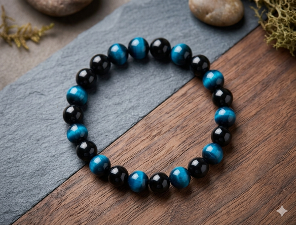 Maskulines Perlenarmband in Blauem Tigerauge & Obsidian-Optik – Edler Herren-Schmuck
