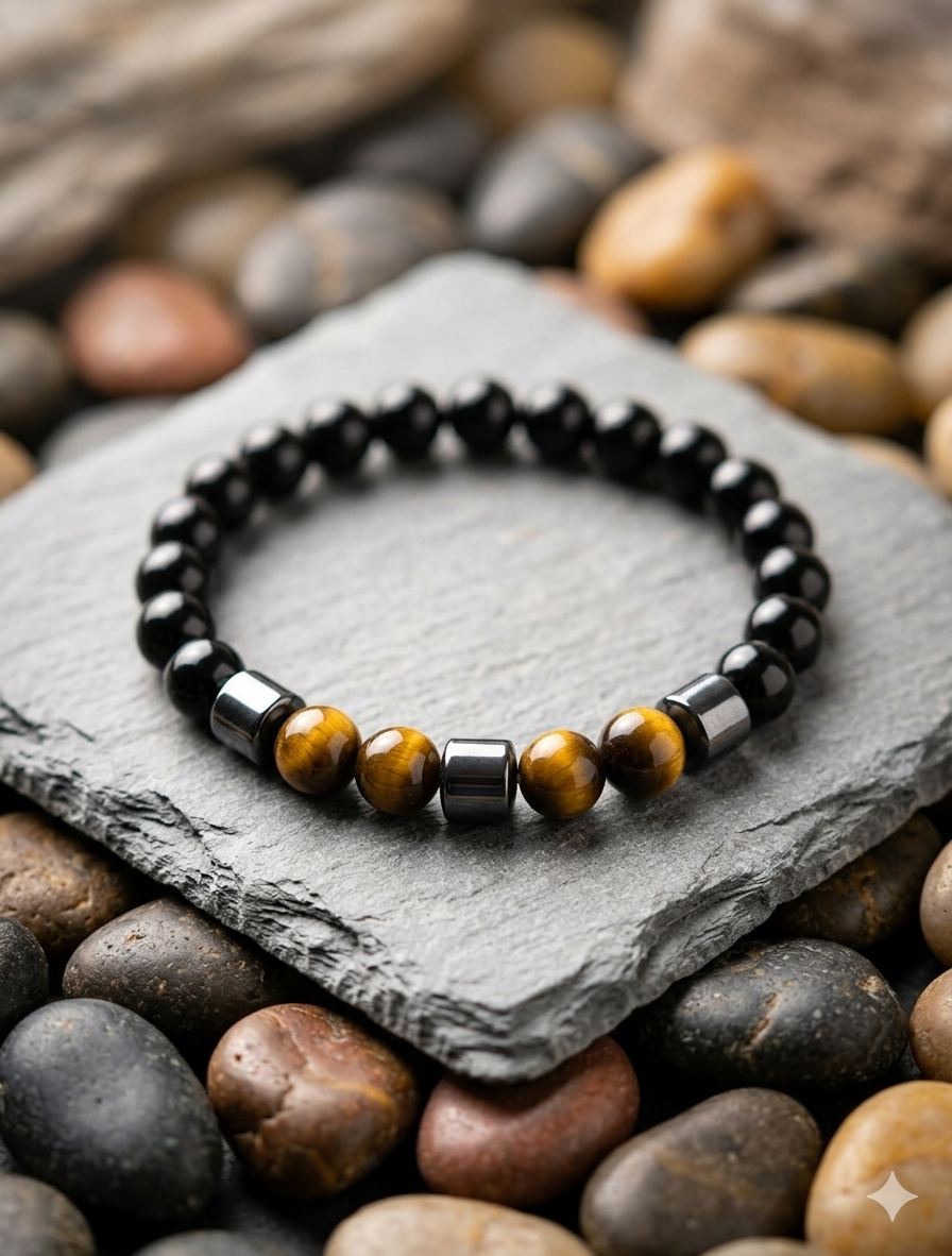 Maskulines Perlenarmband im Tigerauge- & Onyx-Look – Edler Herren-Schmuck mit Hämatit-Zylindern