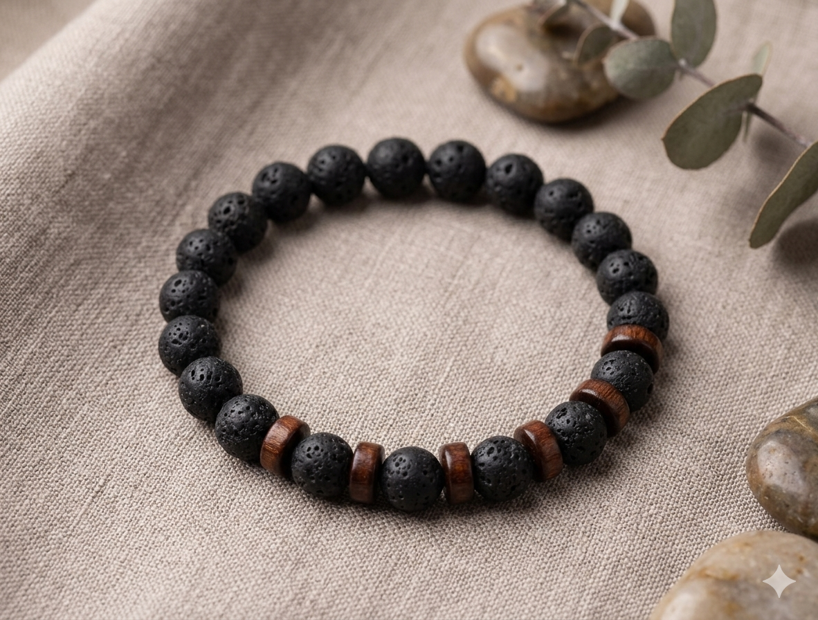 Maskulines Perlenarmband im Lava- & Holz-Look – Rustikaler Herren-Schmuck im Natur-Stil